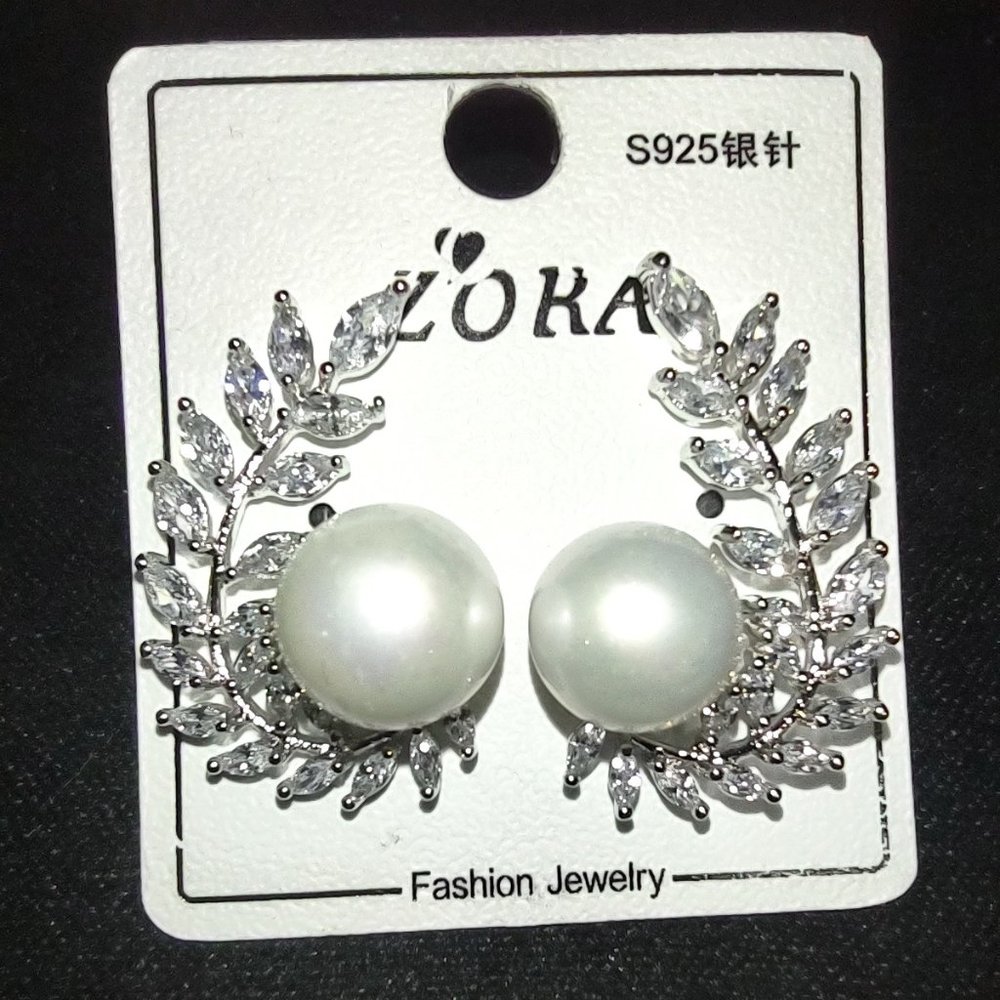 Freshwater Pearl and CZ leaf earrings Bridal